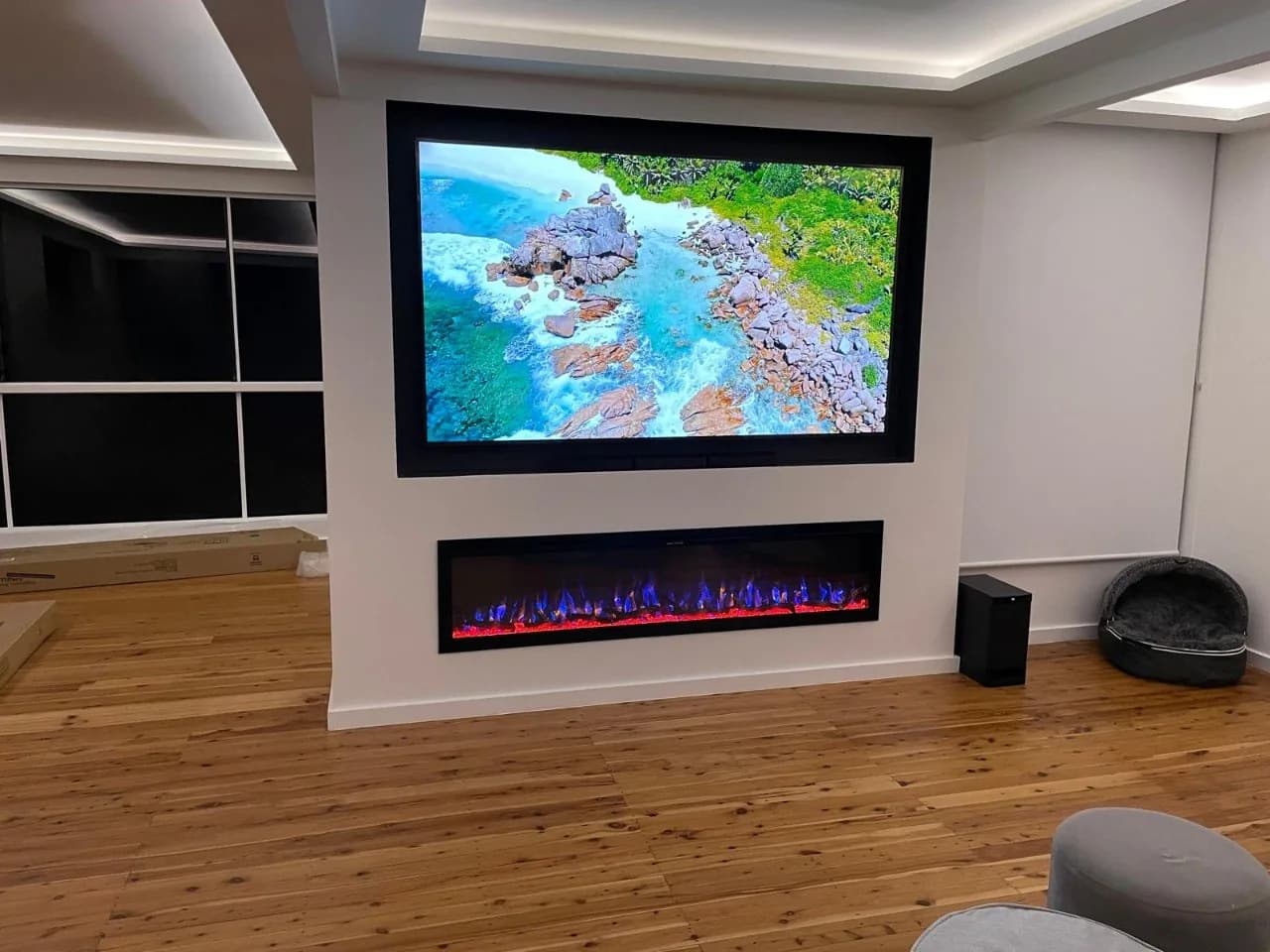 Custom built-in TV cabinet and electric fireplace with suspended ceiling plastering, Northern Beaches